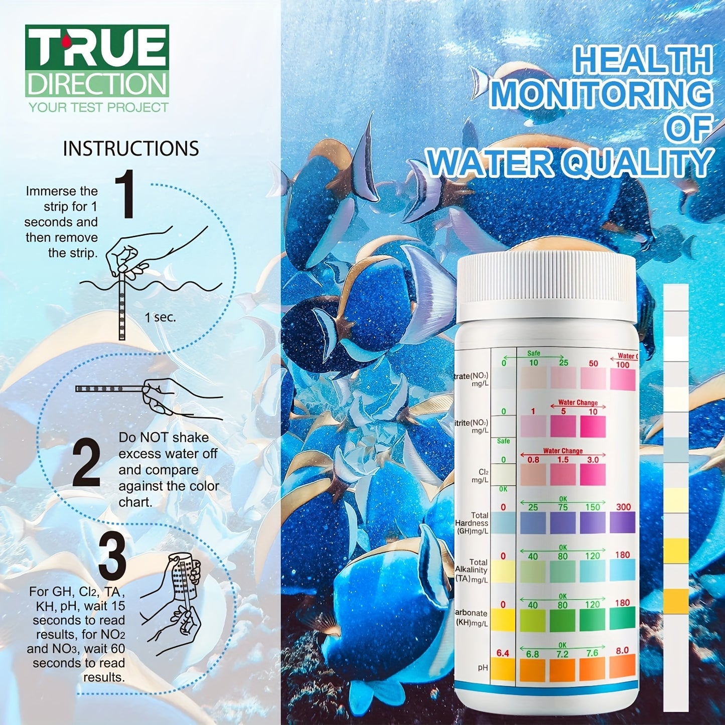 7-Way Aquarium Test Strips – Freshwater & Saltwater Kit for pH, Nitrite, Nitrate, Chlorine & Hardness, 100 Strips
