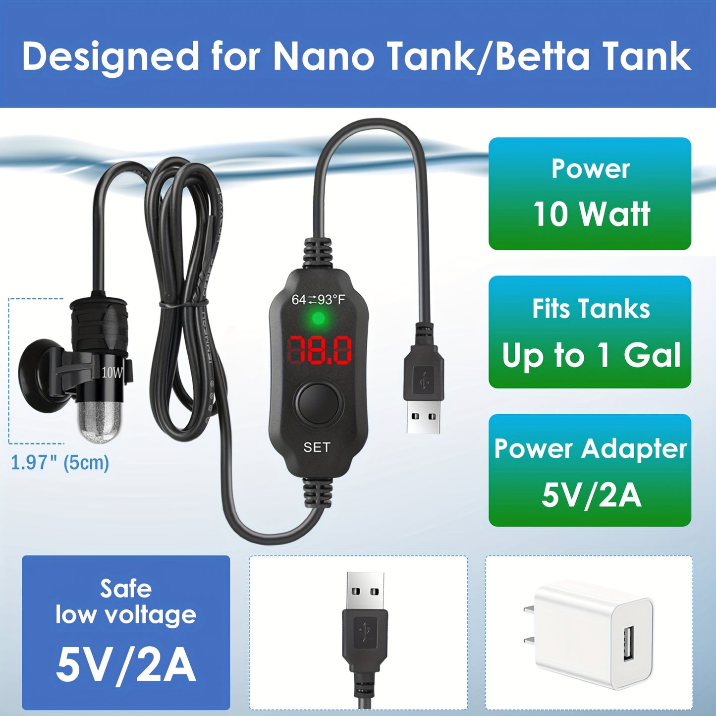 AquaMiracle Mini Aquarium Heater – 10/20/30W Submersible Thermostat with Digital Display for Small Tanks