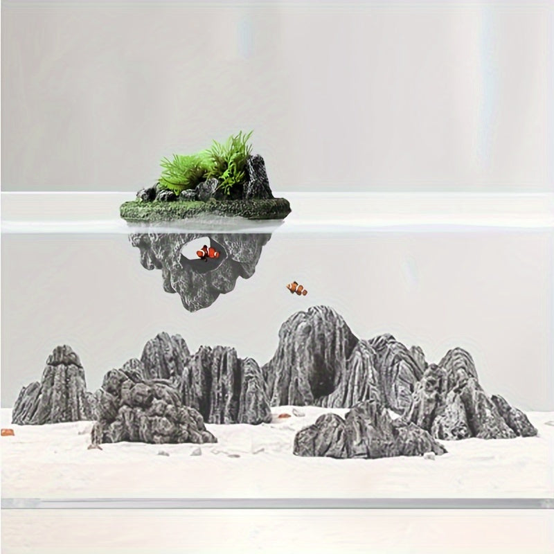 Floating Rockery Oasis – Resin Fish Tank Decoration with Hideaway Cave & Turtle Basking Island