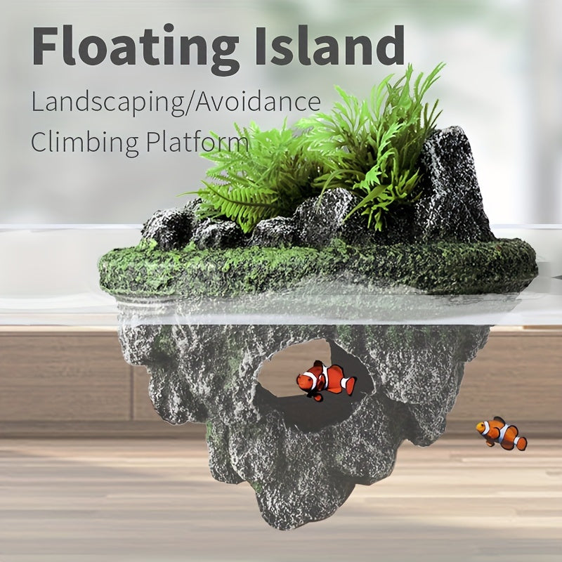 Floating Rockery Oasis – Resin Fish Tank Decoration with Hideaway Cave & Turtle Basking Island