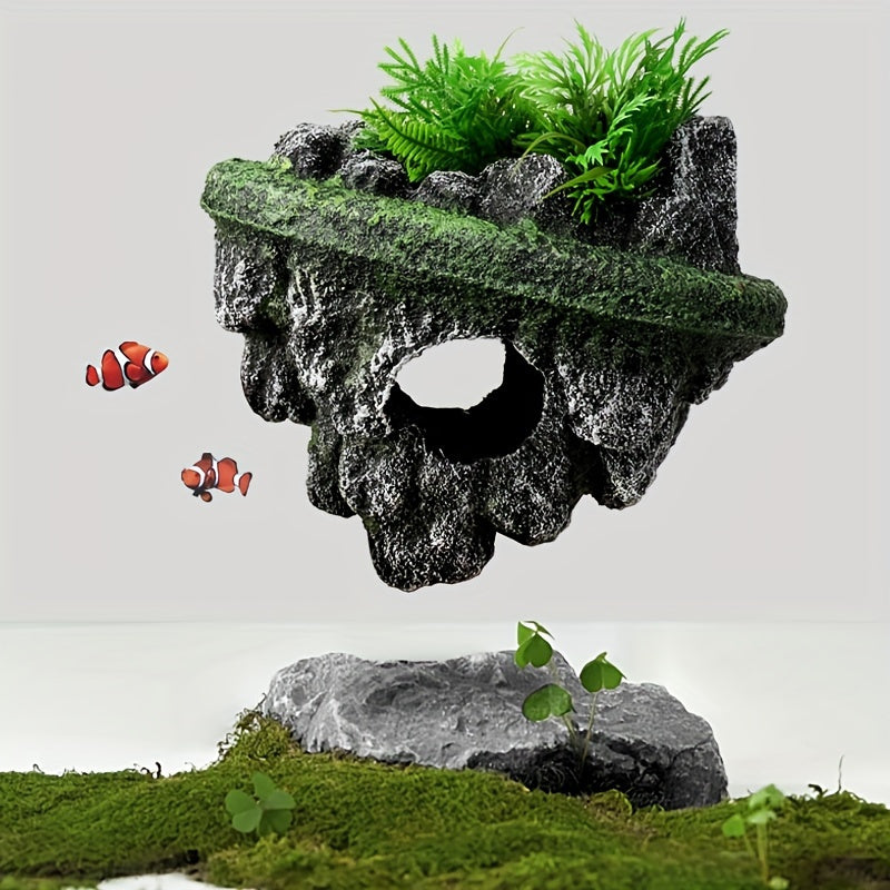 Floating Rockery Oasis – Resin Fish Tank Decoration with Hideaway Cave & Turtle Basking Island
