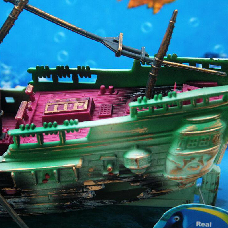 Large Plastic Shipwreck Aquarium Decoration – Submersible Fish Tank Boat Model, 1pc