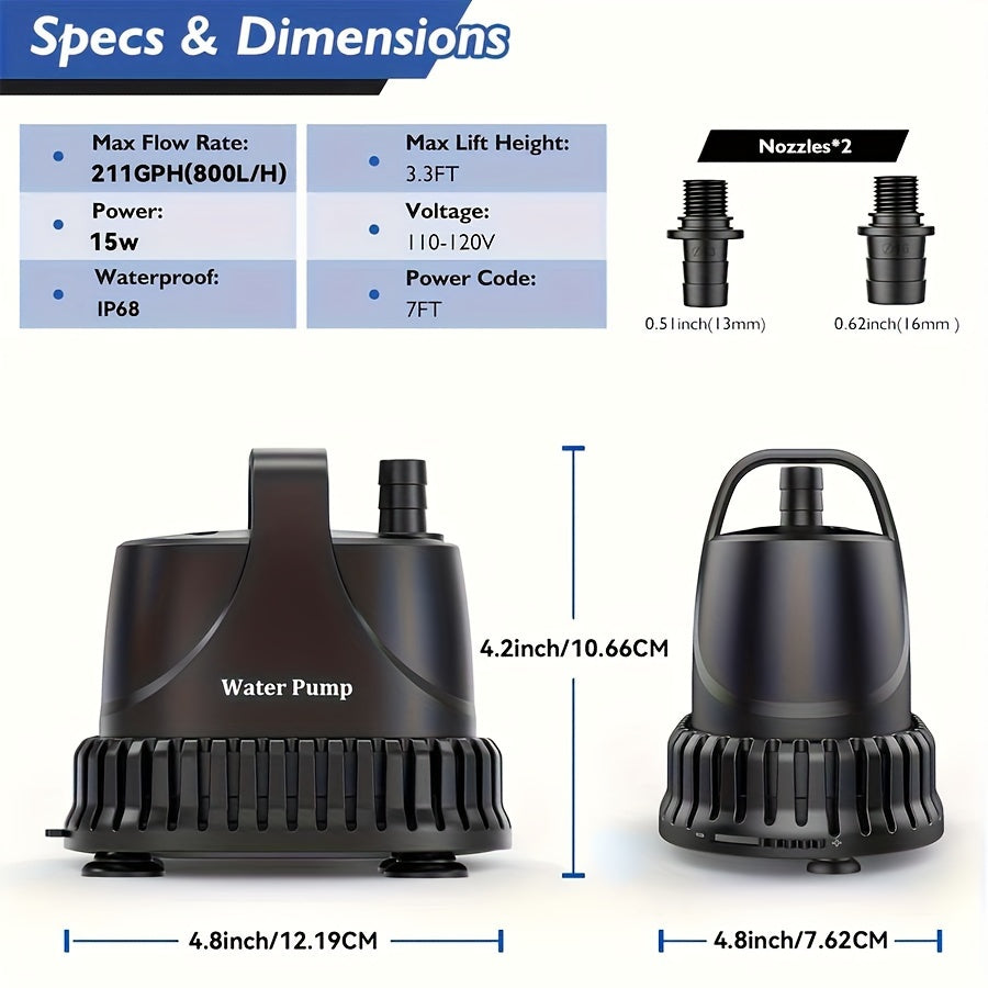 210GPH Submersible Aquarium Pump – 15W Waterproof Ultra-Quiet Fountain Pump with High Lift & 2 Nozzles
