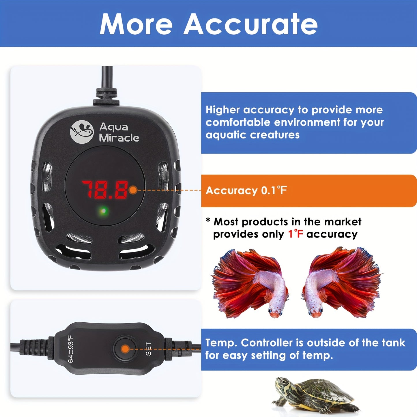 AquaMiracle Mini Adjustable Aquarium Heater – 25/50/100/150W Submersible Fish & Turtle Tank Heater with LED Display
