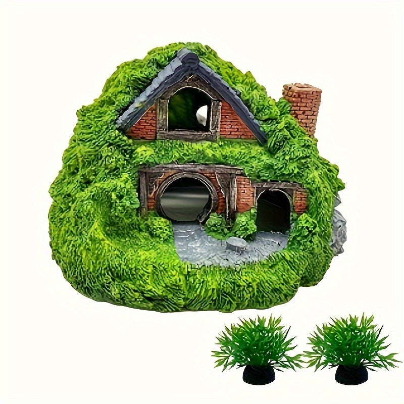 Large Double-Layer Aquarium Cabin – Fish & Reptile Hiding Caves with Water Plants