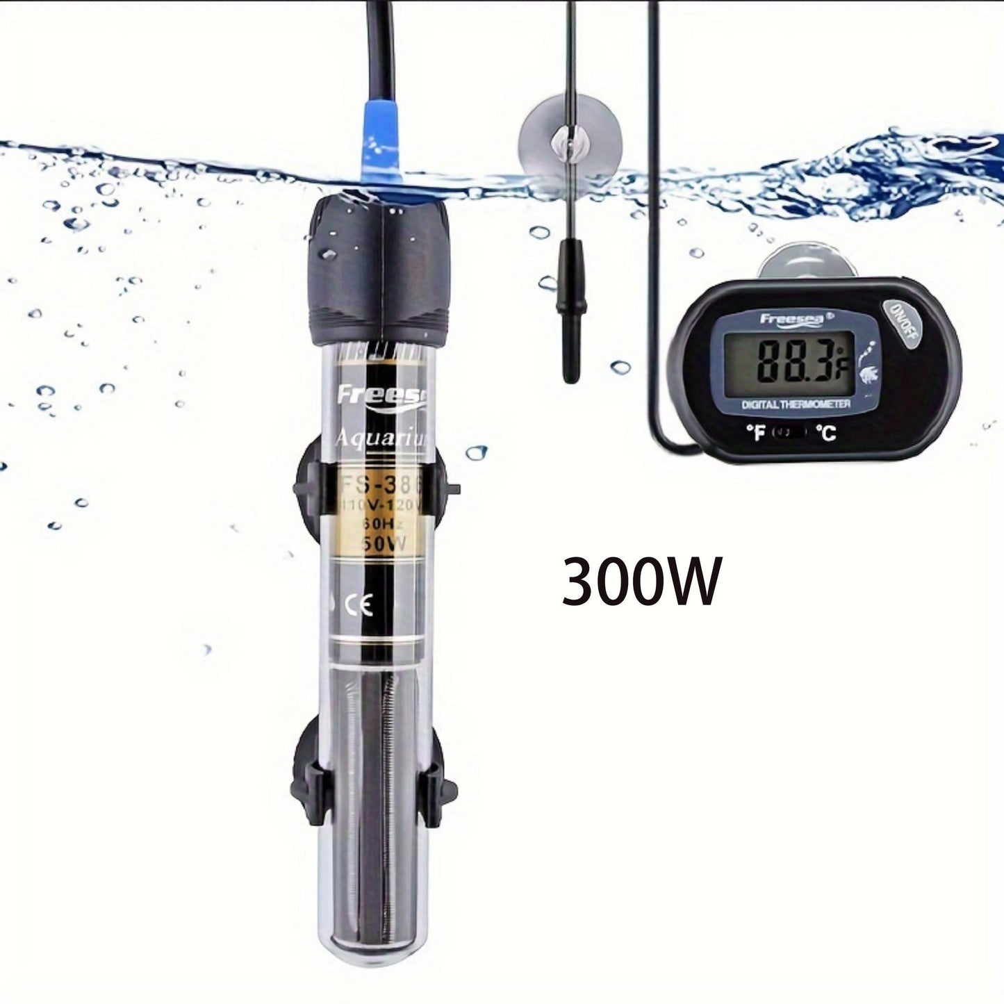 FREESEA Submersible Aquarium Heater – 50/100/300W with Thermometer for Betta & Small Fish Tanks