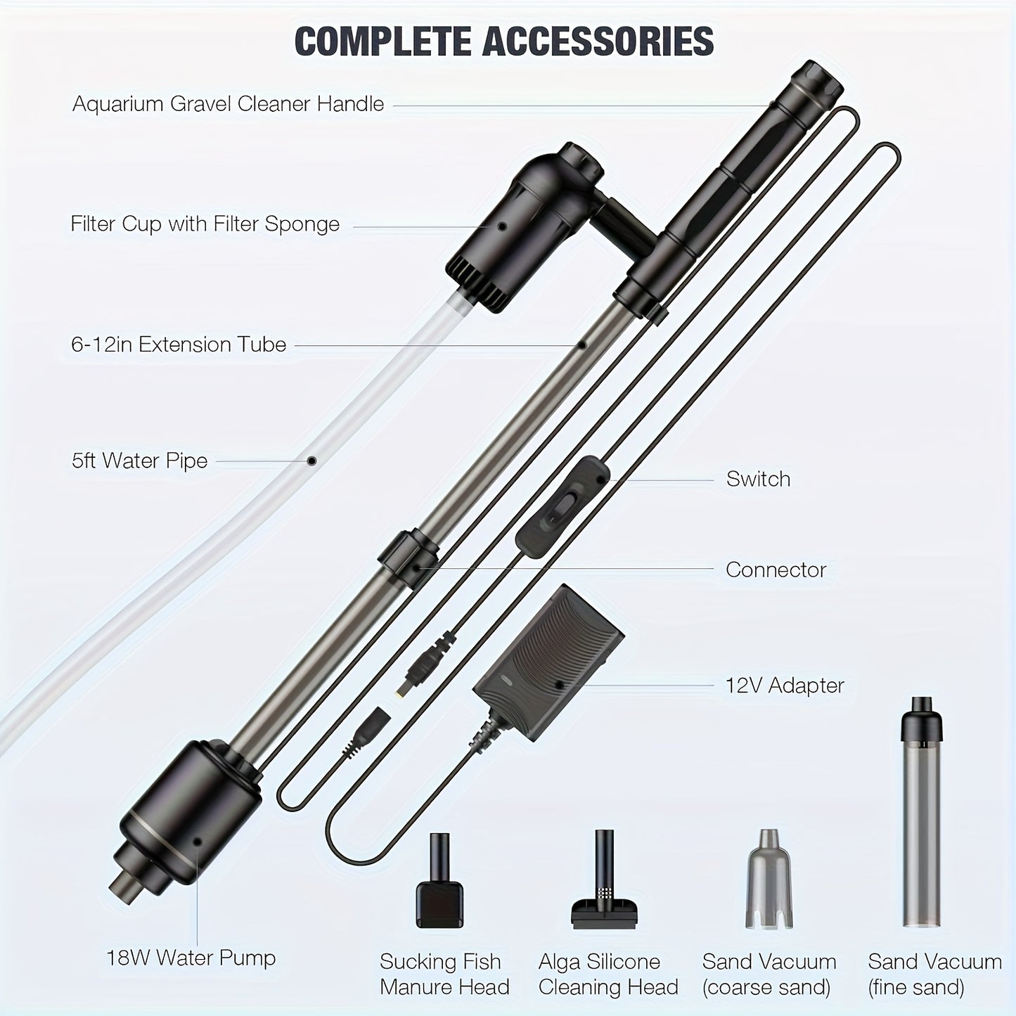 Electric 6-in-1 Aquarium Gravel Cleaner & Vacuum – 18W Multifunctional Fish Tank Tool (Black)