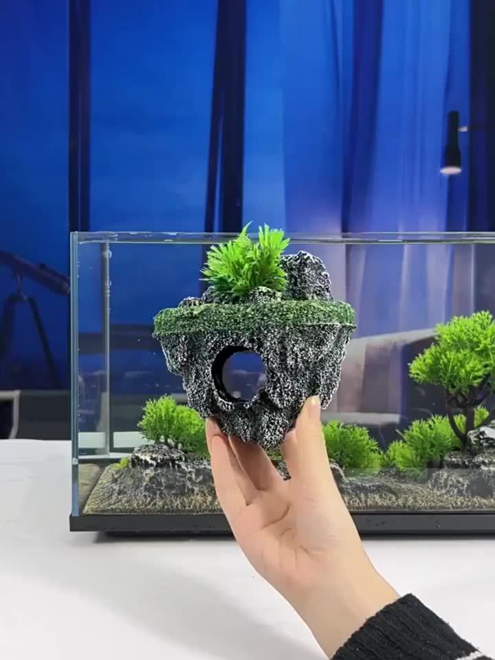 Floating Rockery Oasis – Resin Fish Tank Decoration with Hideaway Cave & Turtle Basking Island
