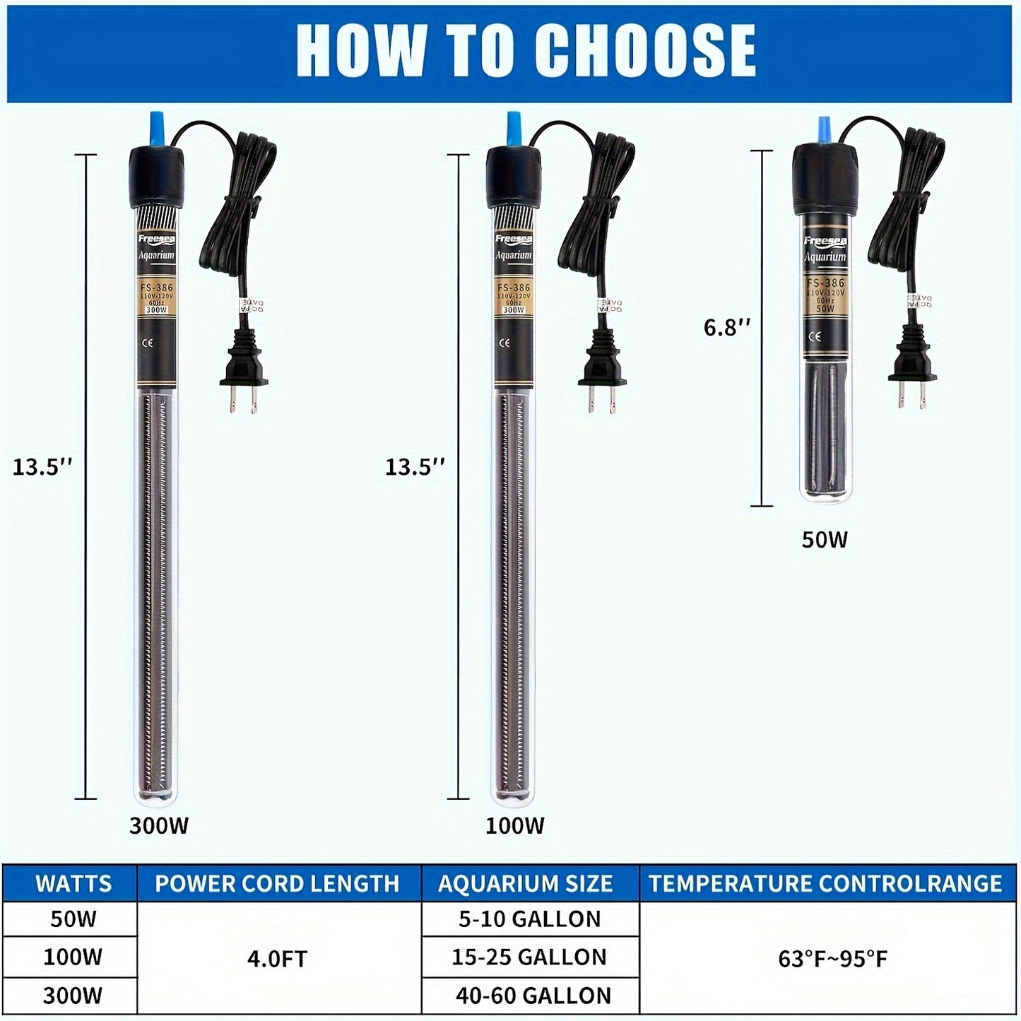 FREESEA Submersible Aquarium Heater – 50/100/300W with Thermometer for Betta & Small Fish Tanks