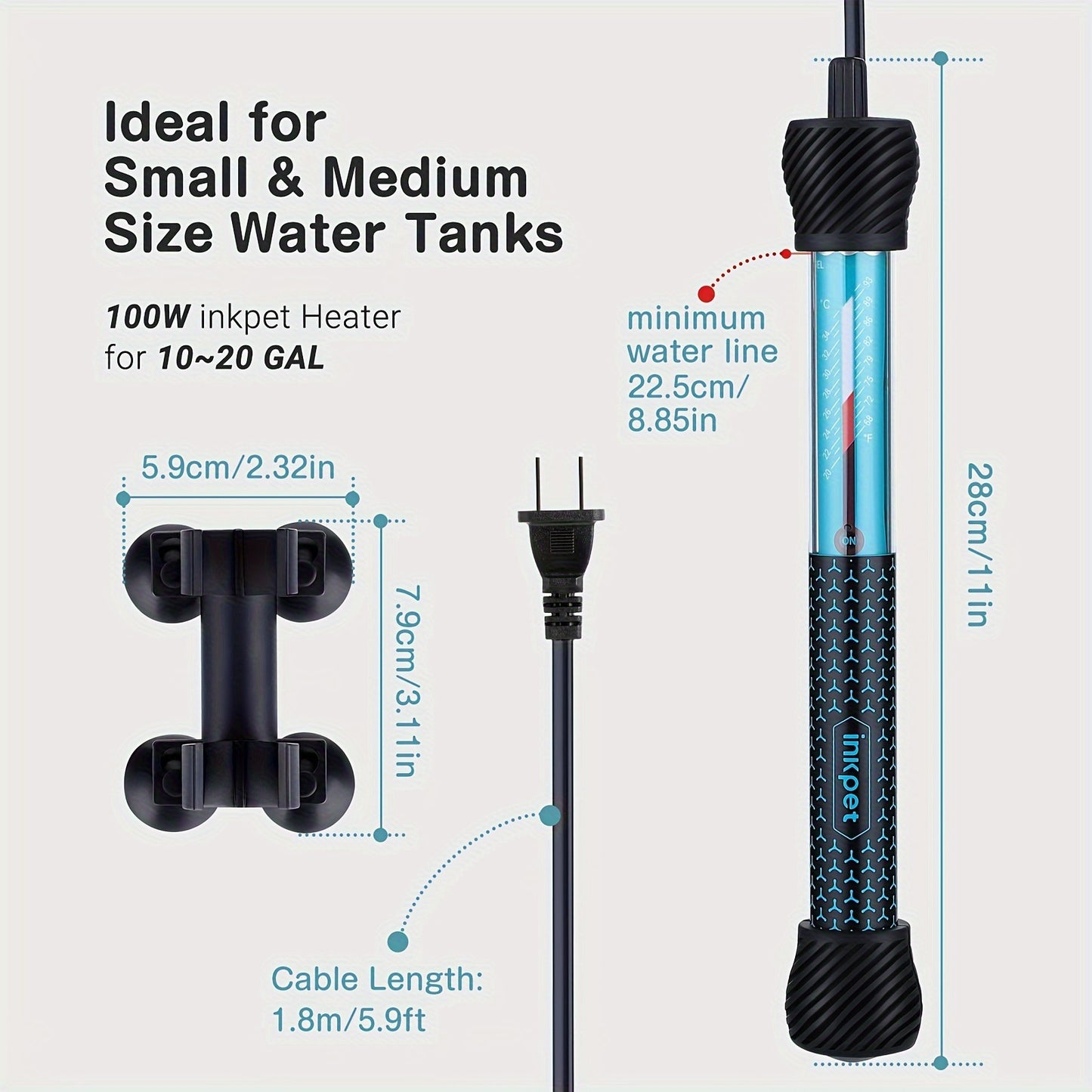 Adjustable Submersible Aquarium Heater – Quartz Glass Fish Tank Heater with Suction Cups for Fresh & Marine Water