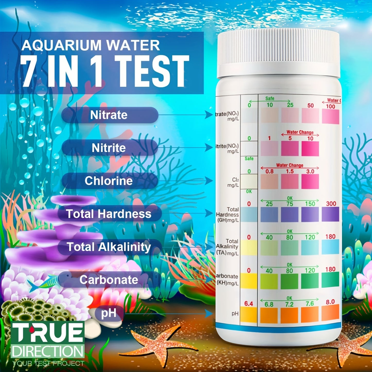 7-Way Aquarium Test Strips – Freshwater & Saltwater Kit for pH, Nitrite, Nitrate, Chlorine & Hardness, 100 Strips