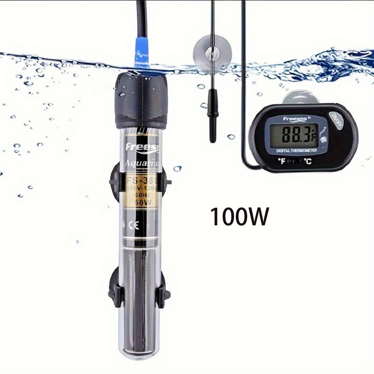 FREESEA Submersible Aquarium Heater – 50/100/300W with Thermometer for Betta & Small Fish Tanks