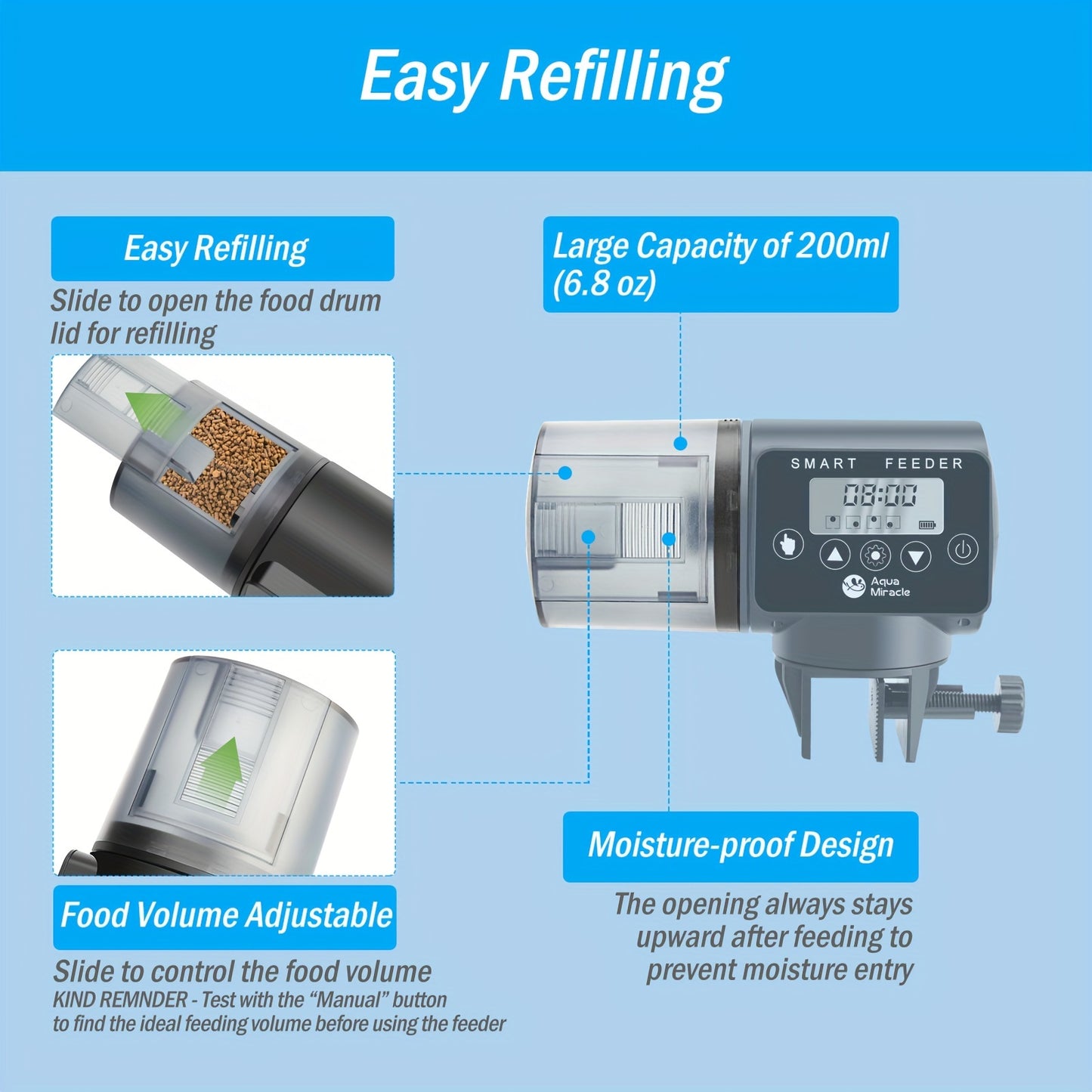 AquaMiracle Adjustable Digital Automatic Fish Feeder – Timer for Granules, Flakes & Pellets