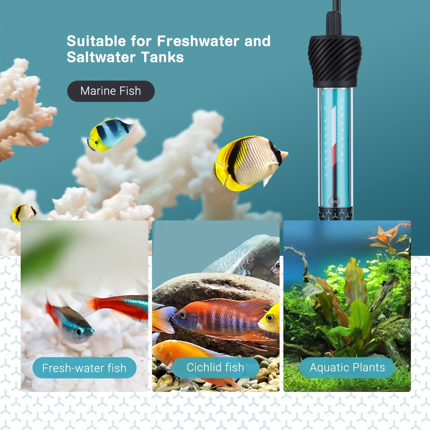 Adjustable Submersible Aquarium Heater – Quartz Glass Fish Tank Heater with Suction Cups for Fresh & Marine Water
