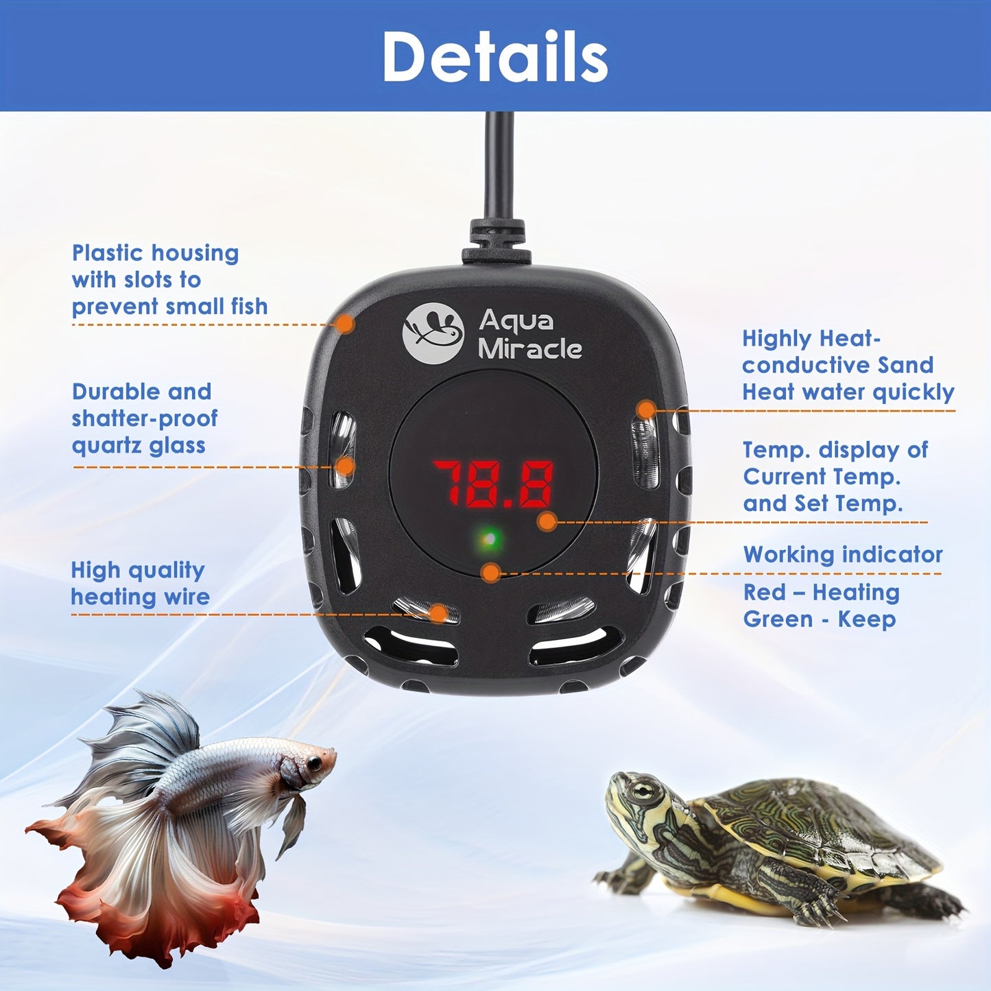 AquaMiracle Mini Adjustable Aquarium Heater – 25/50/100/150W Submersible Fish & Turtle Tank Heater with LED Display