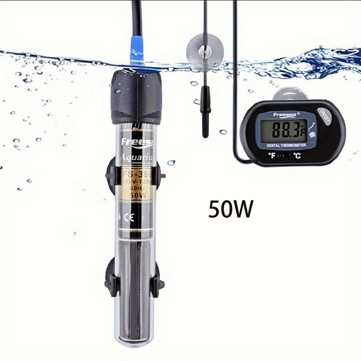 FREESEA Submersible Aquarium Heater – 50/100/300W with Thermometer for Betta & Small Fish Tanks