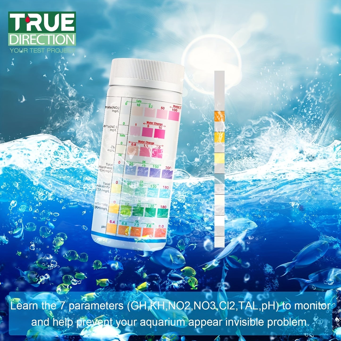 7-Way Aquarium Test Strips – Freshwater & Saltwater Kit for pH, Nitrite, Nitrate, Chlorine & Hardness, 100 Strips