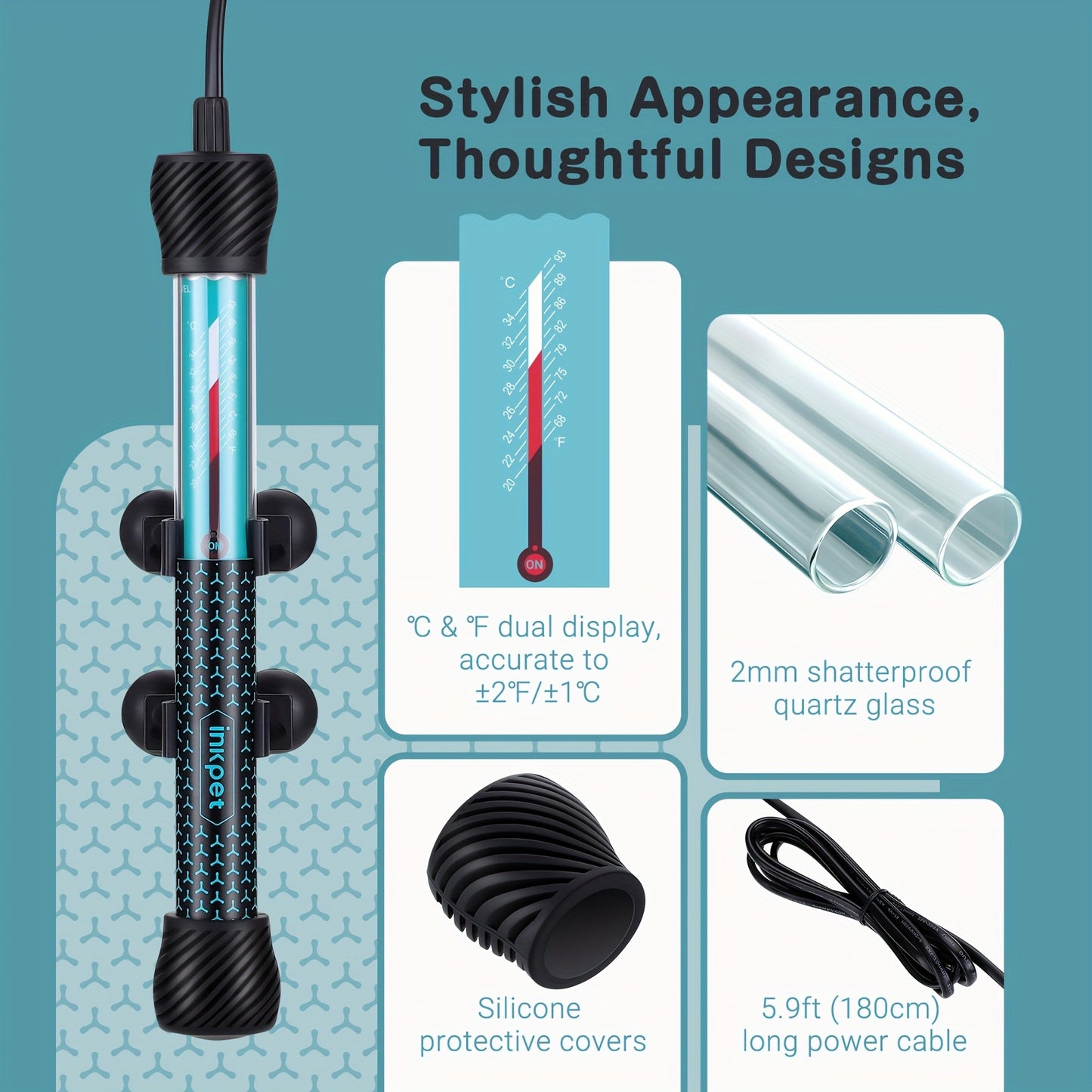 Adjustable Submersible Aquarium Heater – Quartz Glass Fish Tank Heater with Suction Cups for Fresh & Marine Water