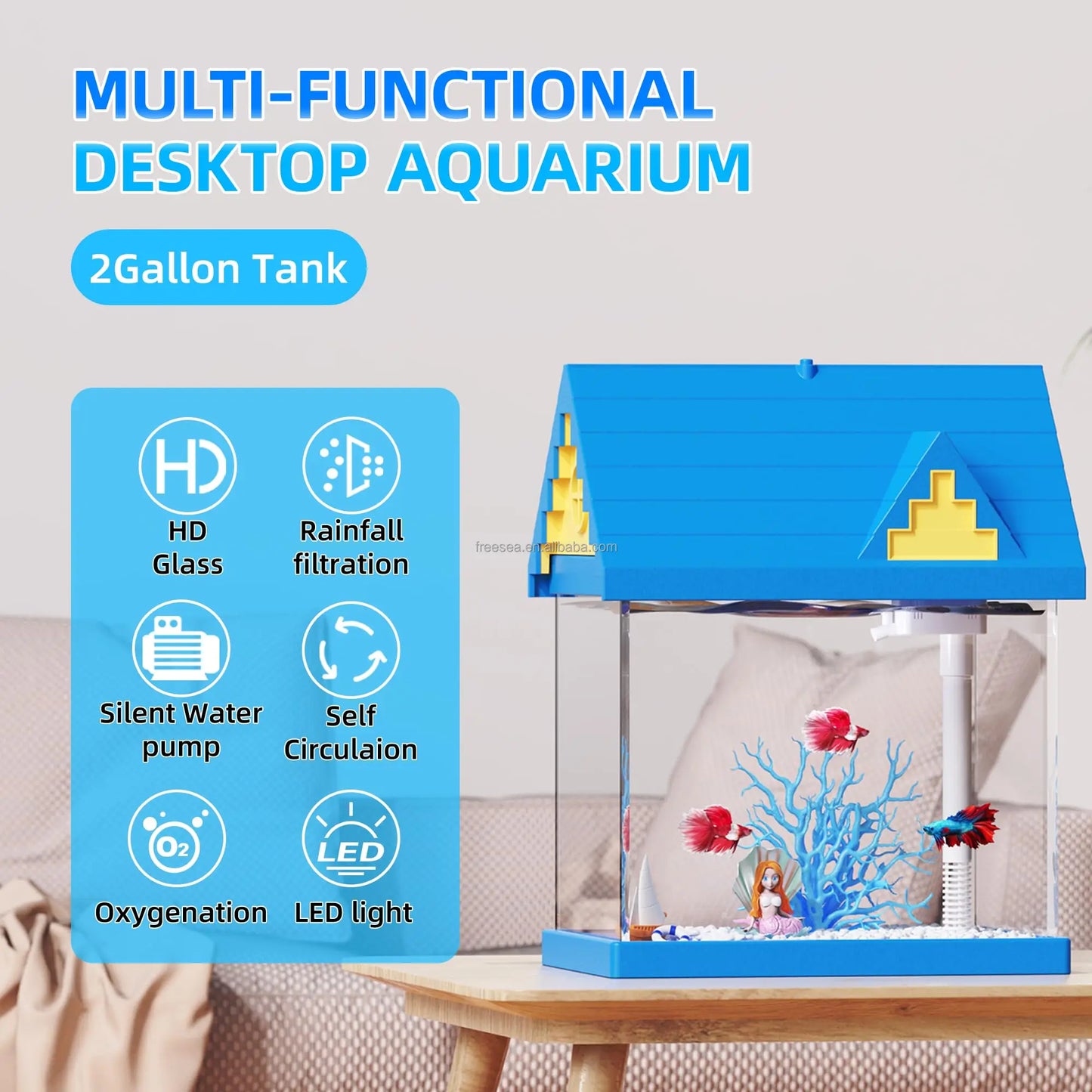 Ultra-White Glass Goldfish Tank – Small Desktop Aquarium with Lamp & Filter Pump