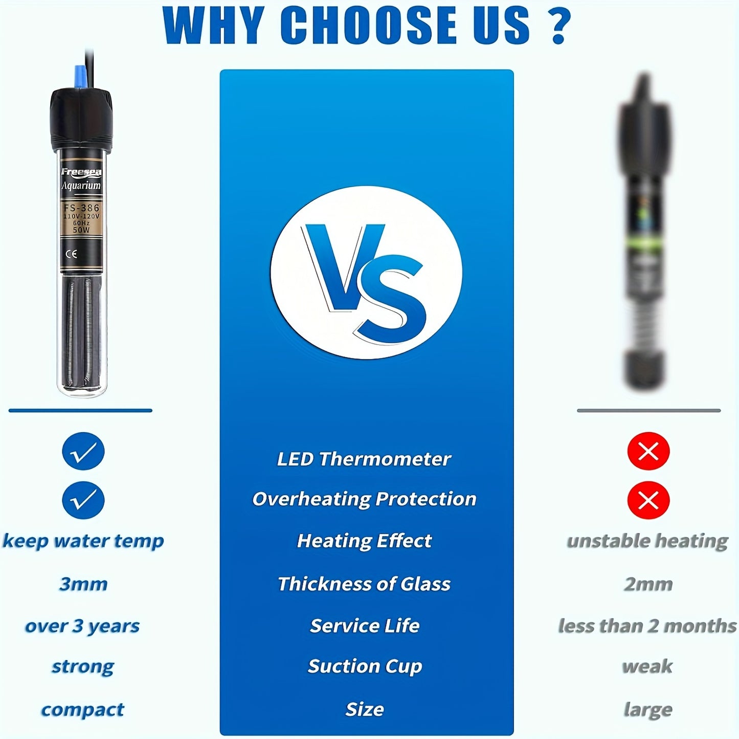 FREESEA Submersible Aquarium Heater – 50/100/300W with Thermometer for Betta & Small Fish Tanks
