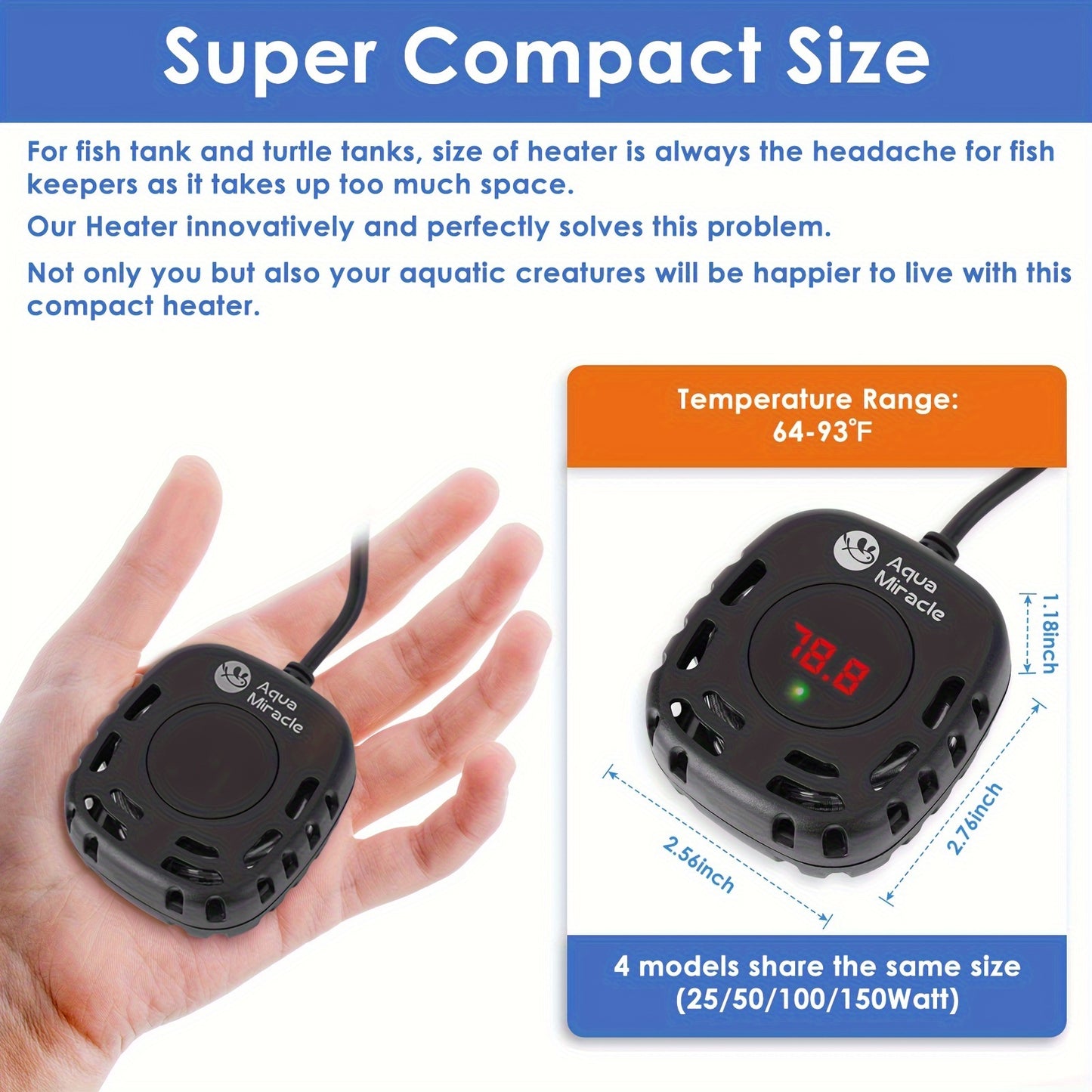 AquaMiracle Mini Adjustable Aquarium Heater – 25/50/100/150W Submersible Fish & Turtle Tank Heater with LED Display