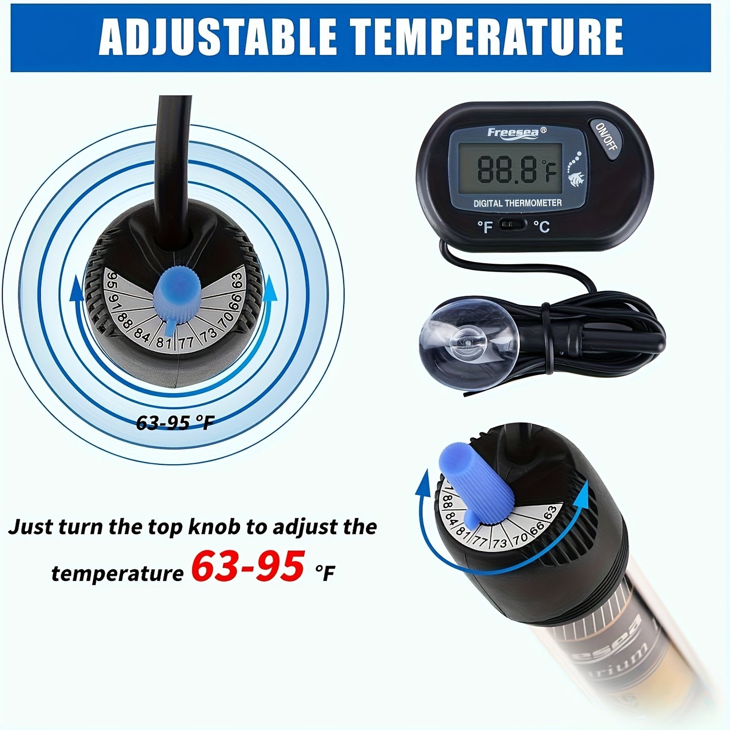 FREESEA Submersible Aquarium Heater – 50/100/300W with Thermometer for Betta & Small Fish Tanks