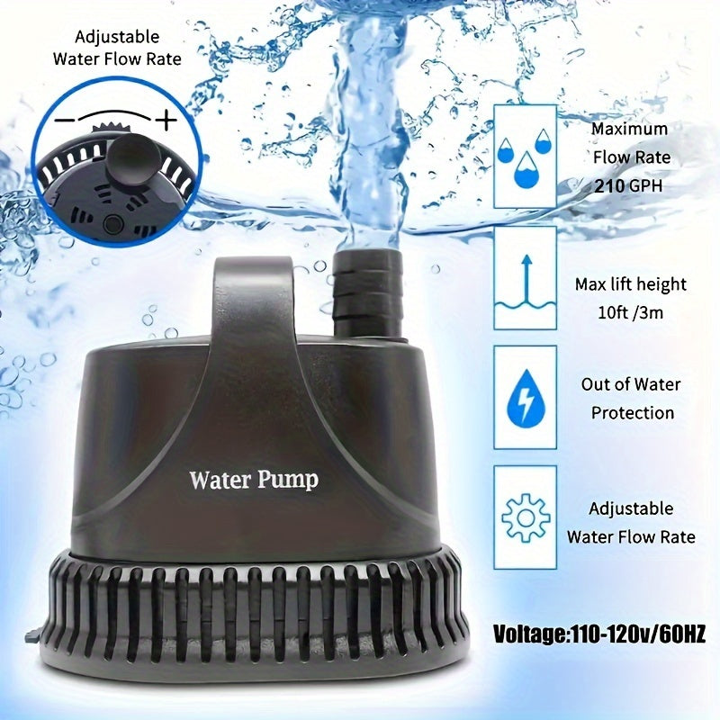 210GPH Submersible Aquarium Pump – 15W Waterproof Ultra-Quiet Fountain Pump with High Lift & 2 Nozzles