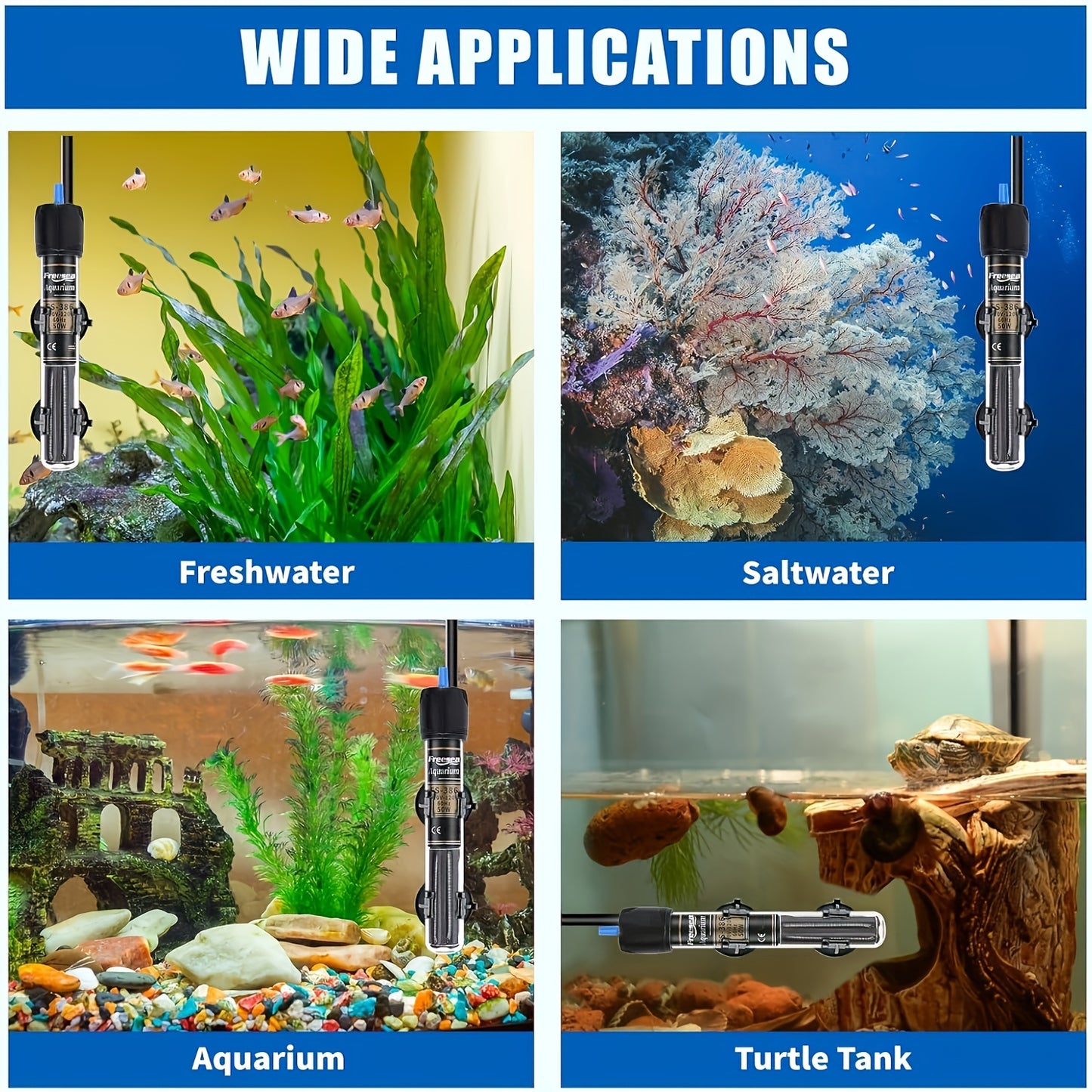 FREESEA Submersible Aquarium Heater – 50/100/300W with Thermometer for Betta & Small Fish Tanks
