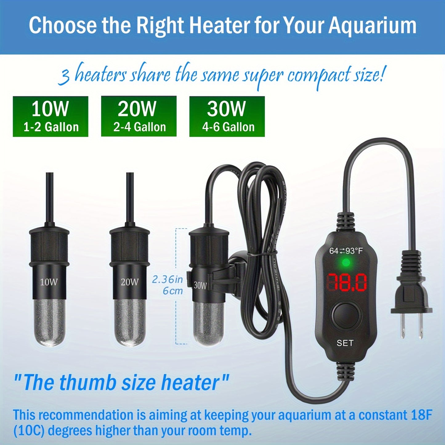 AquaMiracle Mini Aquarium Heater – 10/20/30W Submersible Thermostat with Digital Display for Small Tanks
