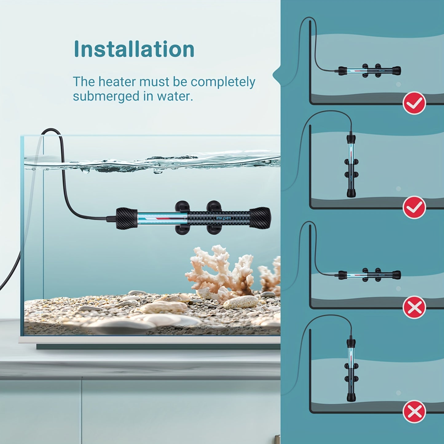 Adjustable Submersible Aquarium Heater – Quartz Glass Fish Tank Heater with Suction Cups for Fresh & Marine Water