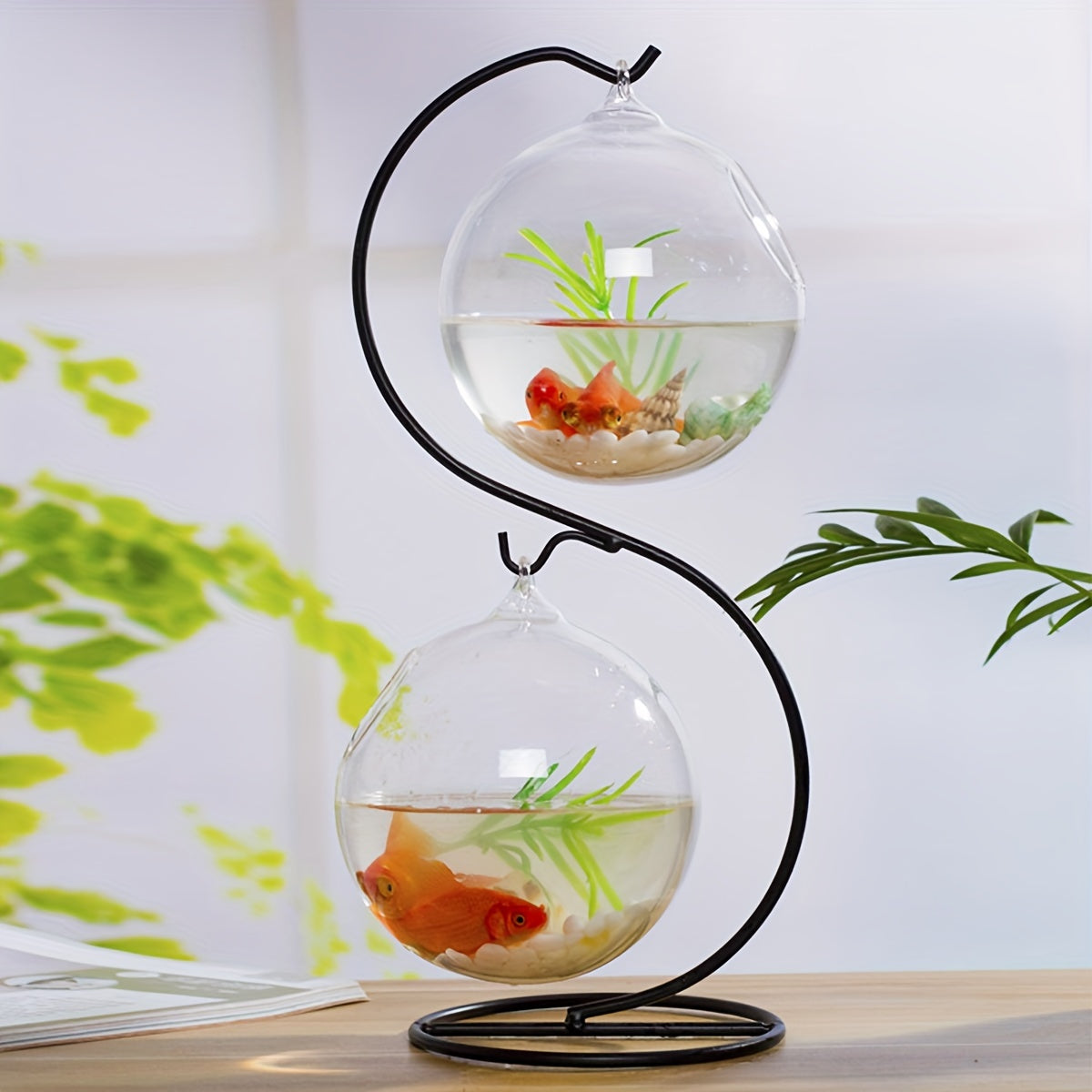 Hanging Fish Tank Set – Mini Tabletop Aquarium with Creative Stand & Two Small Glass Tanks