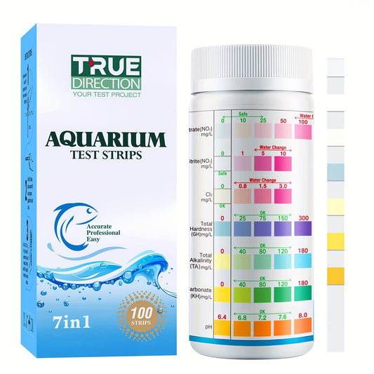 7-Way Aquarium Test Strips – Freshwater & Saltwater Kit for pH, Nitrite, Nitrate, Chlorine & Hardness, 100 Strips