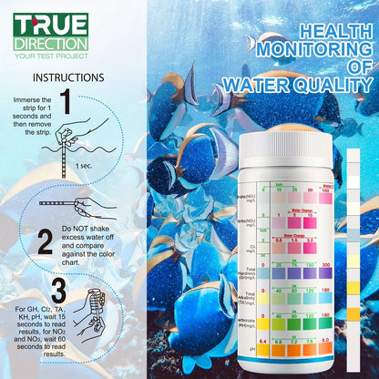 7-Way Aquarium Test Strips – Freshwater & Saltwater Kit for pH, Nitrite, Nitrate, Chlorine & Hardness, 100 Strips