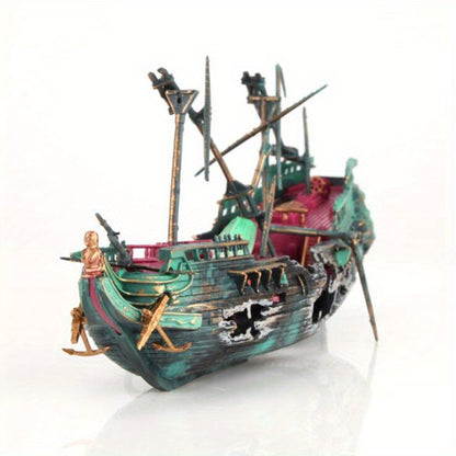 Large Plastic Shipwreck Aquarium Decoration – Submersible Fish Tank Boat Model, 1pc