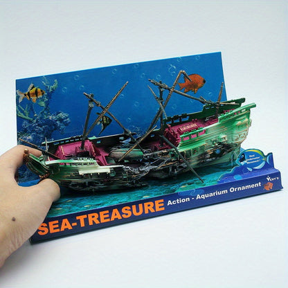 Large Plastic Shipwreck Aquarium Decoration – Submersible Fish Tank Boat Model, 1pc