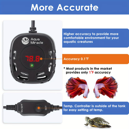AquaMiracle Mini Adjustable Aquarium Heater – 25/50/100/150W Submersible Fish & Turtle Tank Heater with LED Display