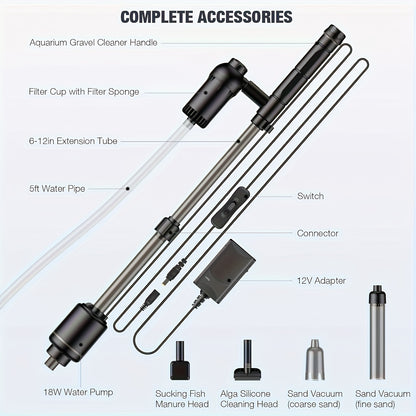 Electric 6-in-1 Aquarium Gravel Cleaner & Vacuum – 18W Multifunctional Fish Tank Tool (Black)