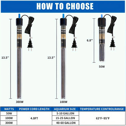FREESEA Submersible Aquarium Heater – 50/100/300W with Thermometer for Betta & Small Fish Tanks