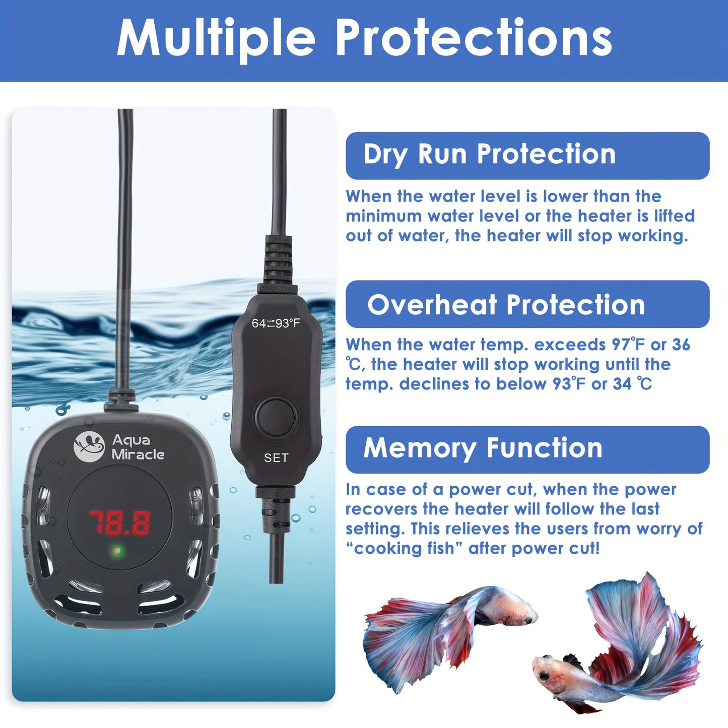 AquaMiracle Mini Adjustable Aquarium Heater – 25/50/100/150W Submersible Fish & Turtle Tank Heater with LED Display
