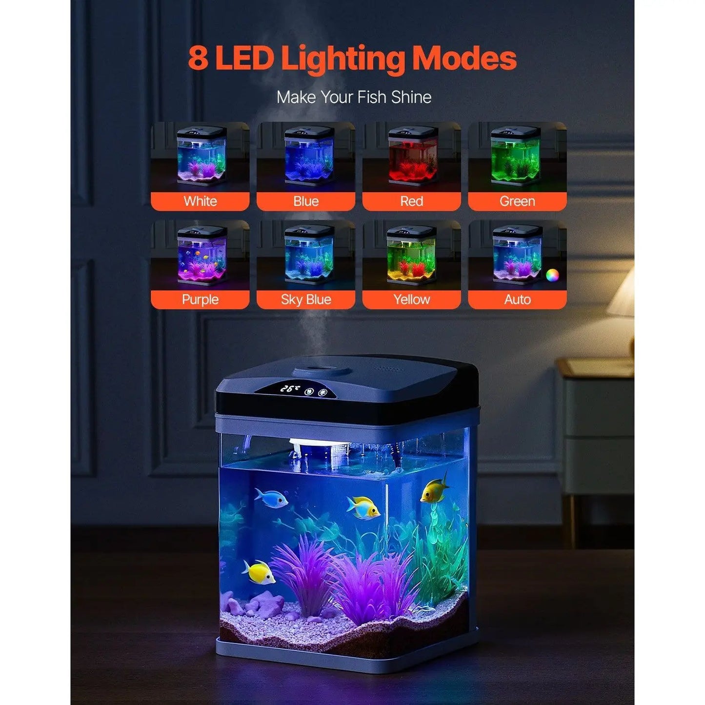 2-Gallon LED Smart Square Aquarium – Self-Cleaning Clear Glass Fish Tank with 7 Colors