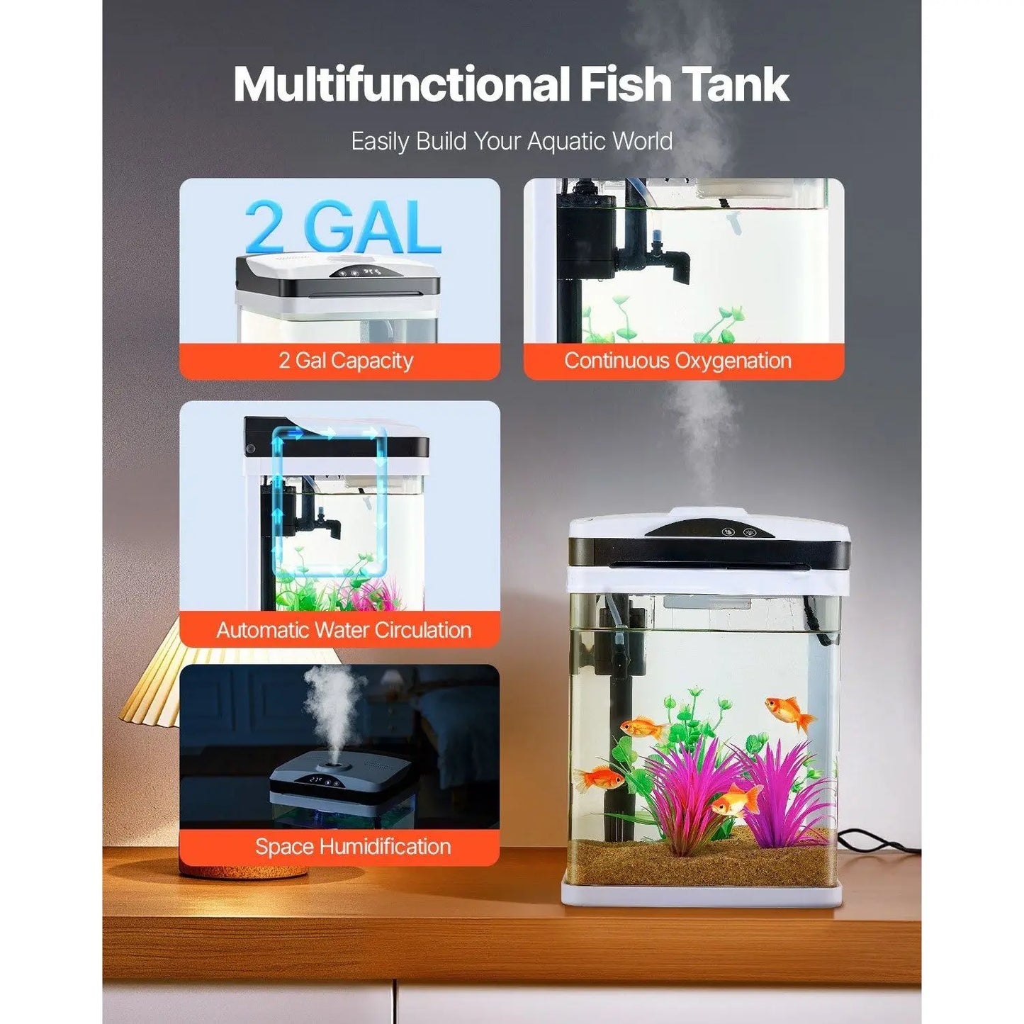 2-Gallon LED Smart Square Aquarium – Self-Cleaning Clear Glass Fish Tank with 7 Colors