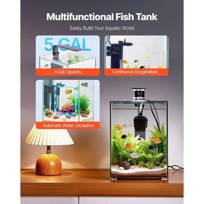 Smart 5-Gallon Square Aquarium – Clear Glass Fish Tank with 3-Color LED & Self-Cleaning