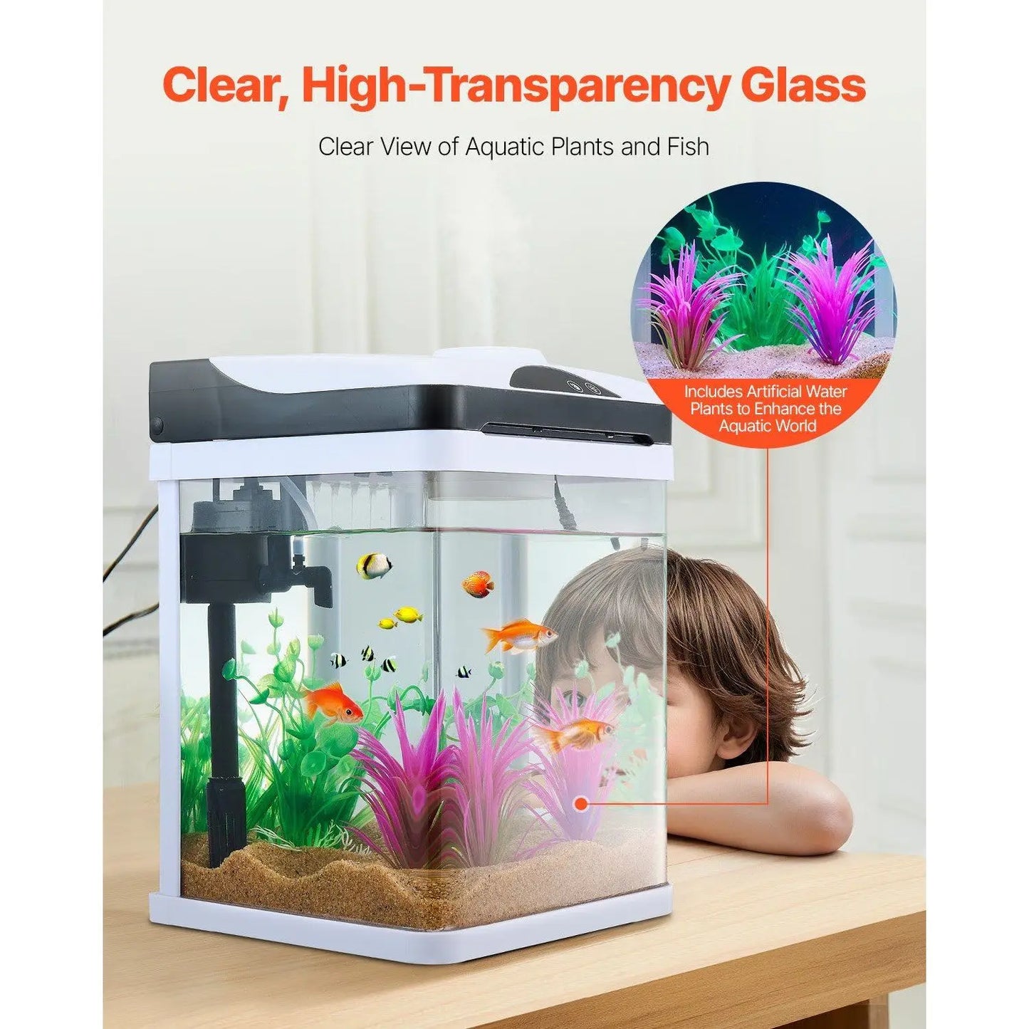 2-Gallon LED Smart Square Aquarium – Self-Cleaning Clear Glass Fish Tank with 7 Colors