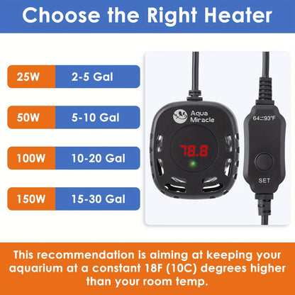 AquaMiracle Mini Adjustable Aquarium Heater – 25/50/100/150W Submersible Fish & Turtle Tank Heater with LED Display
