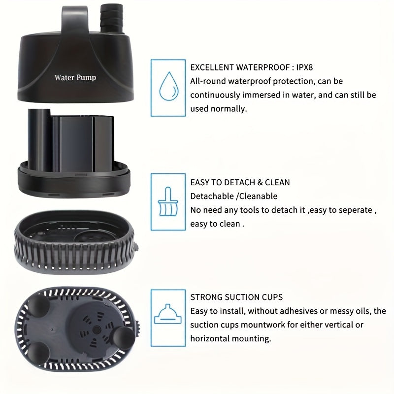 210GPH Submersible Aquarium Pump – 15W Waterproof Ultra-Quiet Fountain Pump with High Lift & 2 Nozzles
