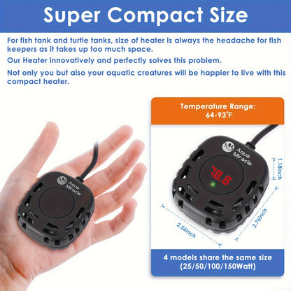 AquaMiracle Mini Adjustable Aquarium Heater – 25/50/100/150W Submersible Fish & Turtle Tank Heater with LED Display