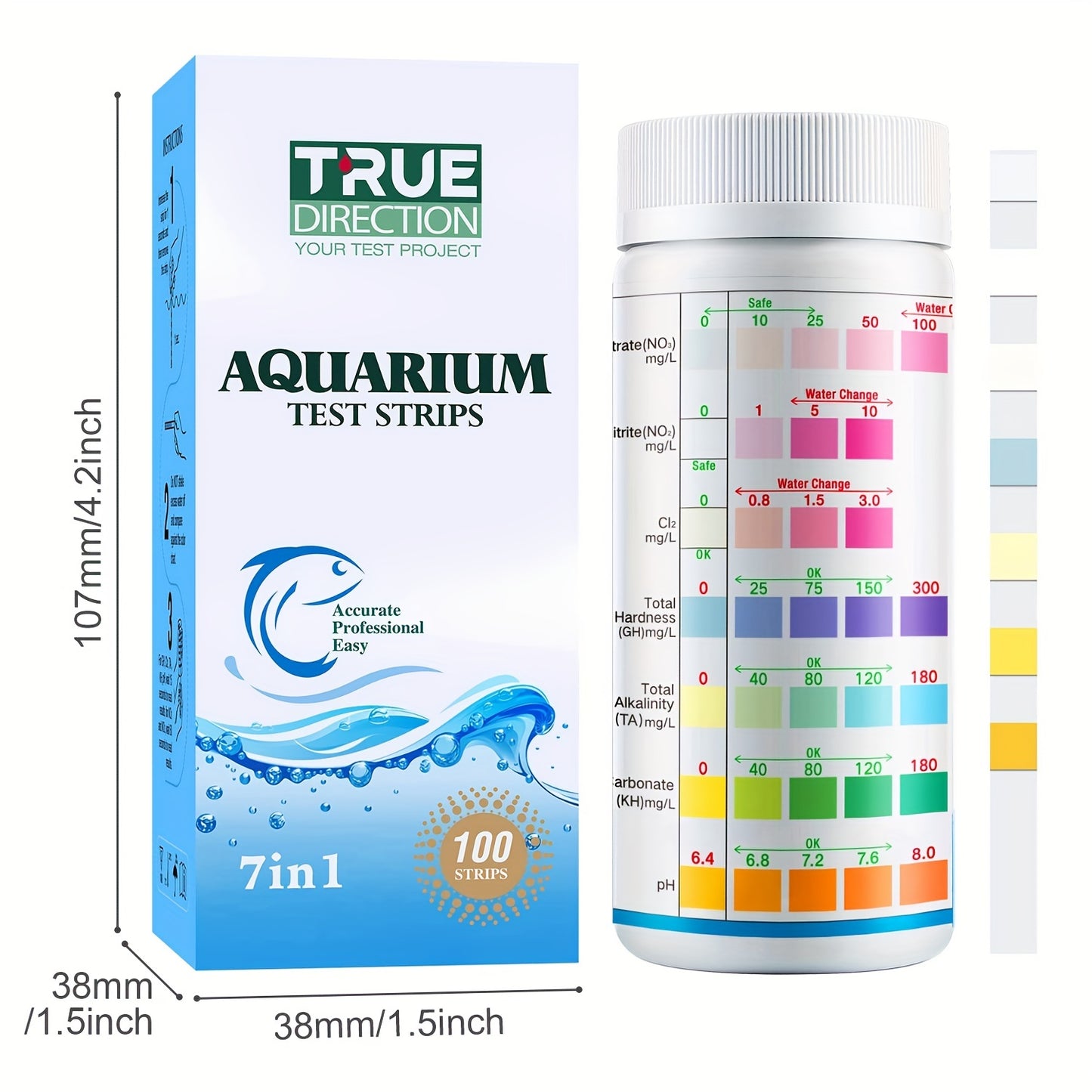 7-Way Aquarium Test Strips – Freshwater & Saltwater Kit for pH, Nitrite, Nitrate, Chlorine & Hardness, 100 Strips